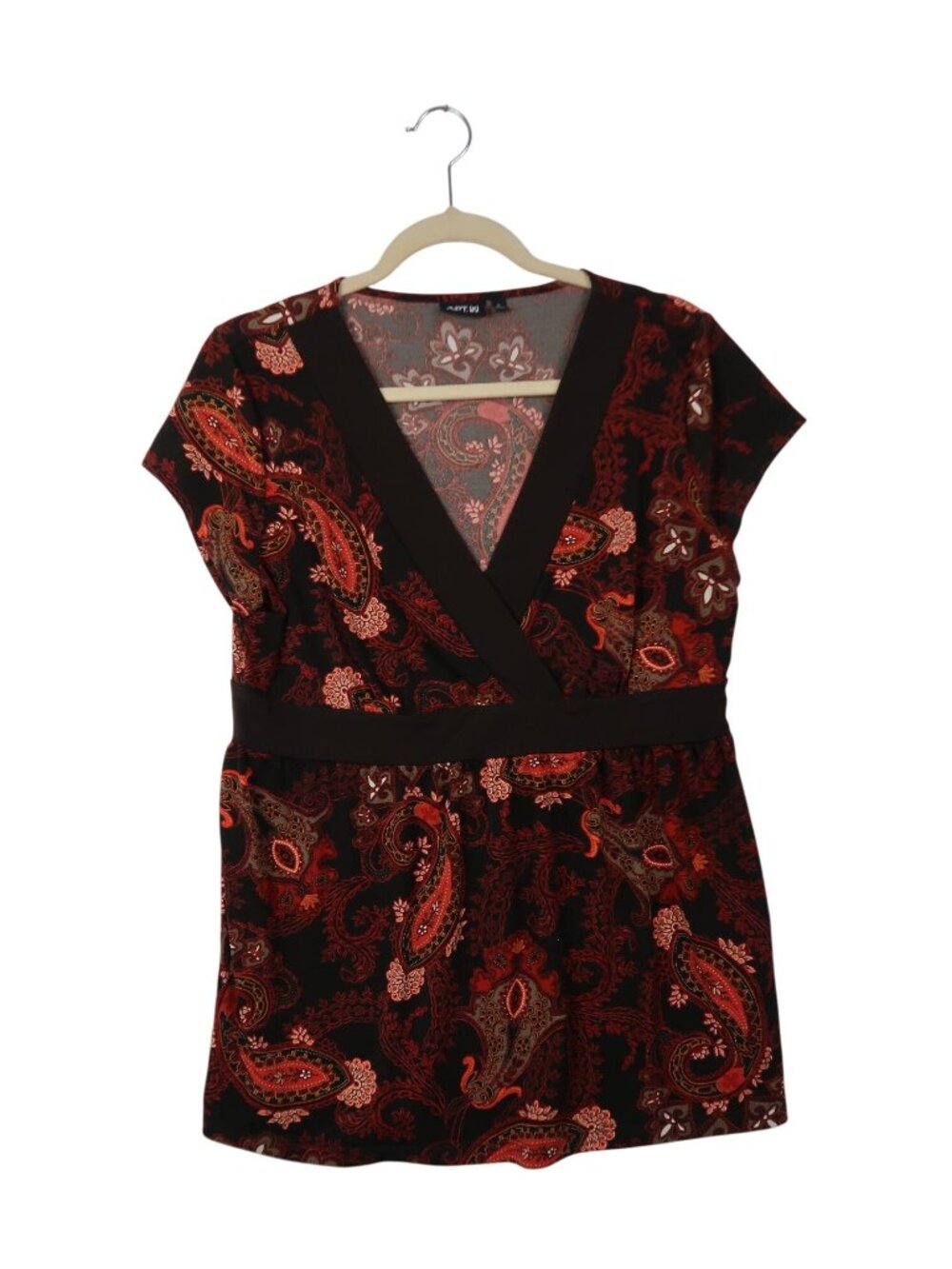 ✨3/$30 APT. 9 L Y2K Brown Red Paisley Wrap Blouse Short Sleeve Top